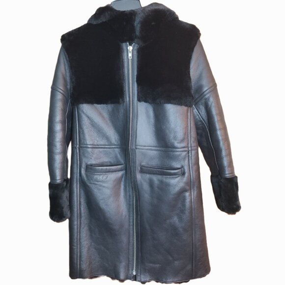 MAJE 38 sz4 SHEARLING Sheepskin Fur Leather Gwette Coat Black Acne Sandro